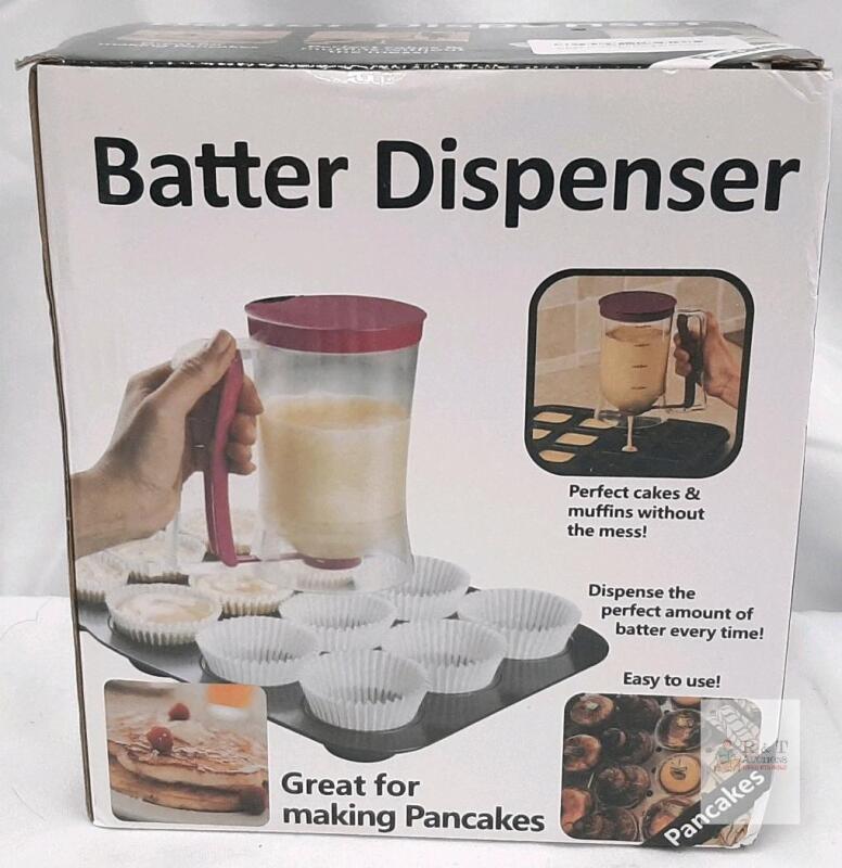 4-Cup Manual Batter Dispenser, Red Handle, Clear BPA-Free Plastic, Easy-Trigger, for Pancakes/Cakes