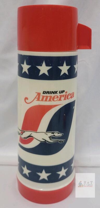 Vintage Aladdin 1 Pint Thermos Greyhound Bus "Drink Up America" Red, White & Blue Stars USA