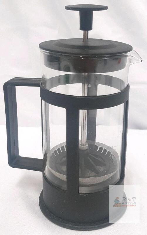 12 oz French Press Coffee Maker, Glass Carafe, Black Plastic Frame, Mesh Filter, Plunger Assembly