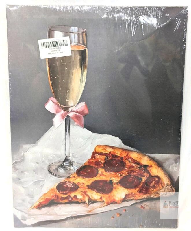 New Fanciest Supper (Wine & Greasy Pizza) Stretched Canvas Print Wall Art, 11.5" &times; 14.8"