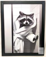 New Humorous Greyscale Bathroom Raccoon Trash Panda Framed Wall Art 10.8" &times; 13.75"