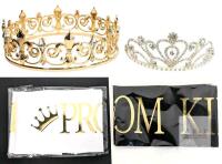 New Prom King & Queen Set: Rhinestoned Metal Coronet Crown & Glittering Tiara + 2 Shashes