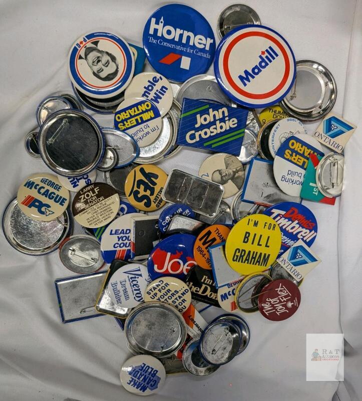 Large Lot Vintage Canadian Political Campaign Pin-Back Buttons, 1960s&ndash;1980s, Mixed Shapes