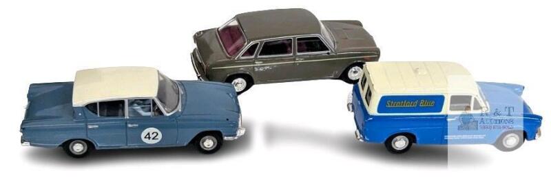 3 Vintage Lledo Vanguard Diecast Cars : Ford Classic, Ford Anglia, Wolseley Austin/Morris 1800/2200