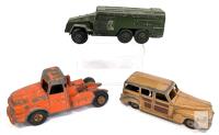 3 Vintage Dinky Cars Meccano France/England : Willeme Tractor Truck 36, Armoured Command Vehicle 677 & Plymouth Woody Estate Wagon 27F