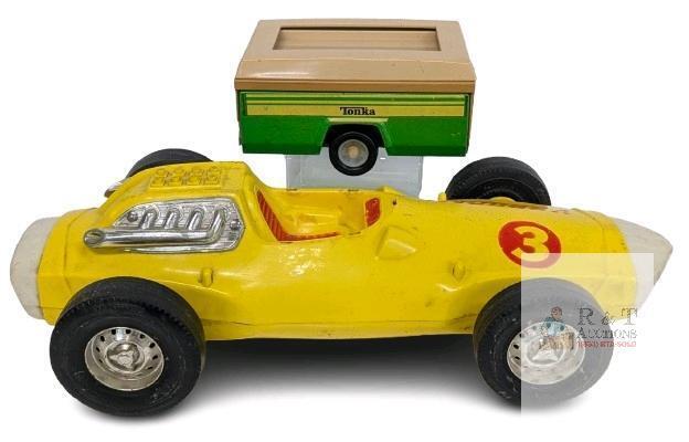 Vintage 1963 Mattel VRROOM! Guide Whip Car Missing Windshield 13.5" Long & Tonka 1970's Pop Up Camper Trailer With Broken Hitch
