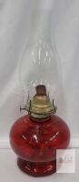 Antique Red Glass Kerosene Oil Lamp with Clear Chimney, 12.5" Tall