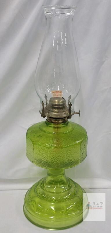Green Pressed Glass Oil Lamp 15" Table Hurricane Style, Embossed Design, Metal Burner