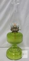 Green Pressed Glass Oil Lamp 15" Table Hurricane Style, Embossed Design, Metal Burner