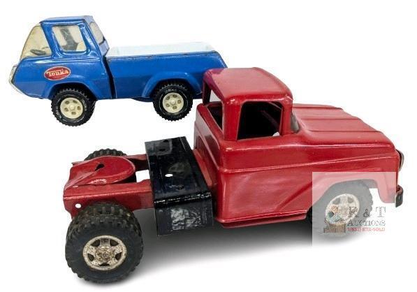 2 Vintage Pressed Steel Toy Trucks: Tonka Blue and White Delivery Pickup Truck 8.5" Long & Unmarked Possibly Tonka Red Truck Cab 11.5" Long