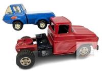 2 Vintage Pressed Steel Toy Trucks: Tonka Blue and White Delivery Pickup Truck 8.5" Long & Unmarked Possibly Tonka Red Truck Cab 11.5" Long