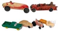 6 Vintage Rubber Toy Cars: The Sun Racing Car, Reliable Canada Firetruck, Auburn Pickup Truck, VW Beetle, Tractor & Tomte Laerdal Stavanger Norway Dodge Truck, Up To 6.75" Long