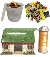 Big Bucket FULL Of Vintage Plastic / Rubber Zoo & Farm Animals, Cowboy Figures & Accessories + 9" Lazy-Day Farm Tin Barn in Need of TLC, Bucket 8.75" Diameter &times; 7.75" Tall