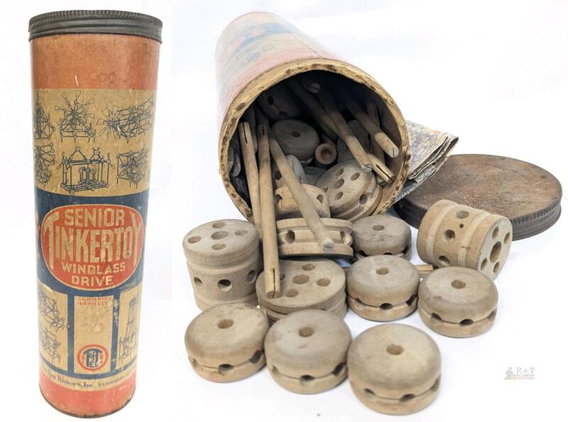 Vintage Senior TinkerToy Windlass Drive With Lid, Pieces & Instructions (Unable To Confirm If Complete), 13.6" Tall