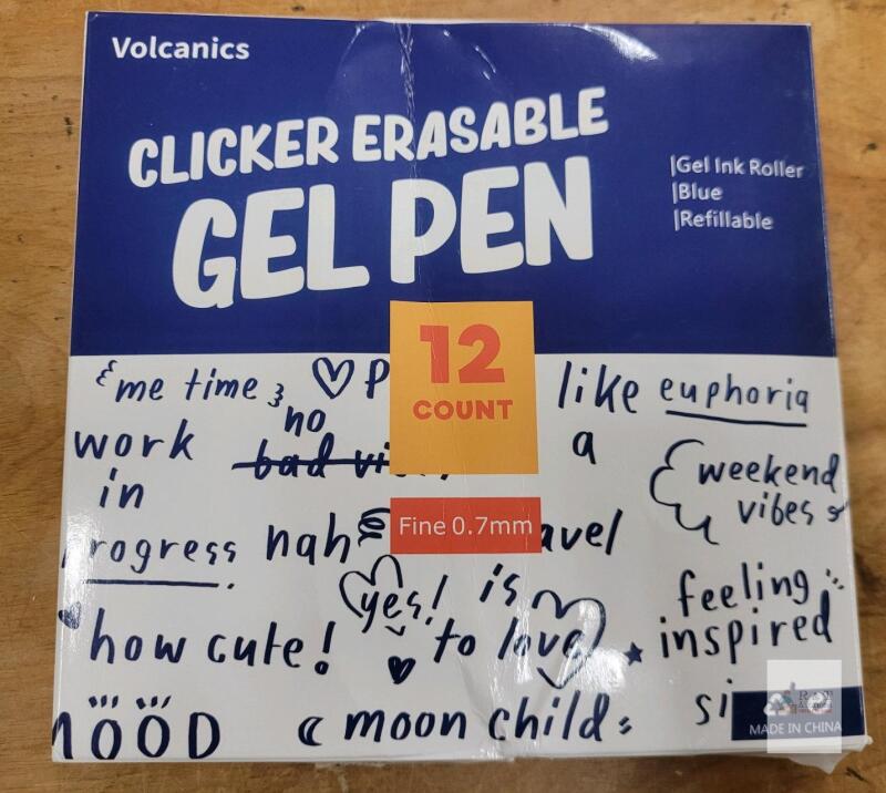 New - 12-Pack Volcanics Clicker Erasable Gel Pens , Blue