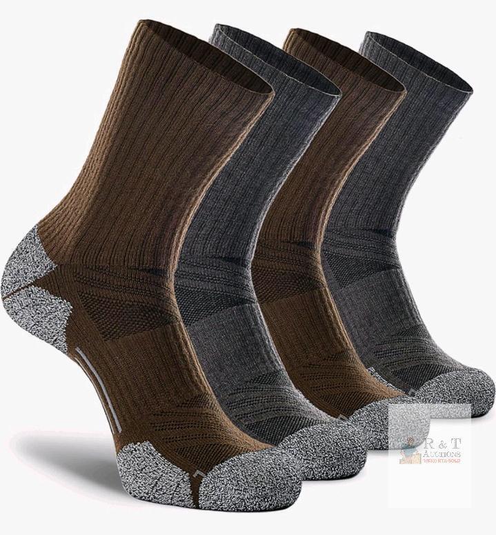 4-Pack New CWVLC Crew Hiking Socks, Cushion, Moisture Wicking, Arch Compression Boot Socks , Grey / Brown. XL (12-14)