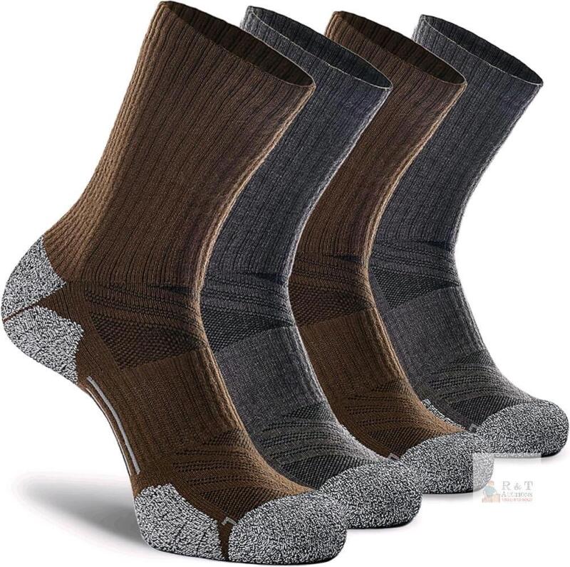 New Size XL Unisex 4-Pack - Brown/Grey - CWVLC Crew Hiking Socks, Cushion, Moisture Wicking, Arch Compression Boot Socks