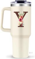 NEW Insulated Travel Mug with Handle, 40 oz Capacity, Floral "Y" Monogram,