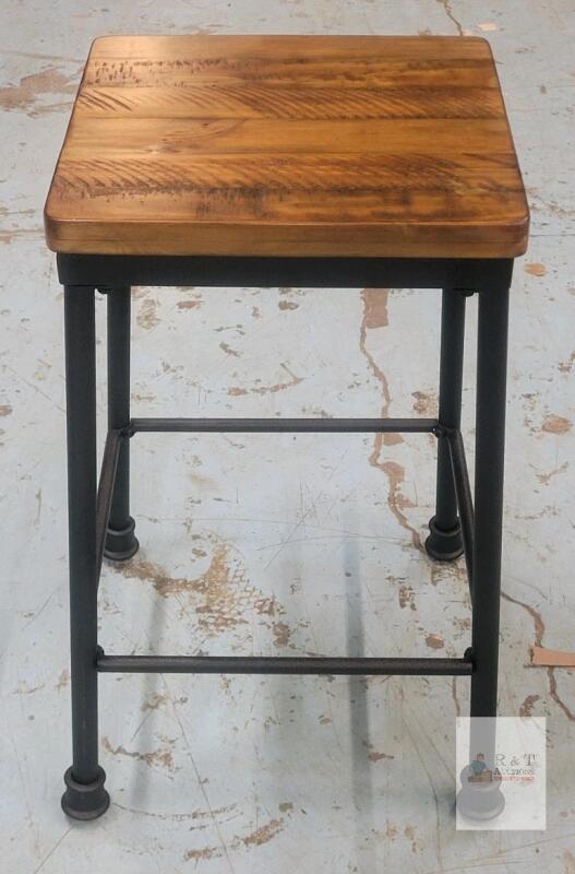 Modern Industrial-Style Metal Bar Stool with Wooden Seat, 24-Inch Seat Height, Matte Black Frame