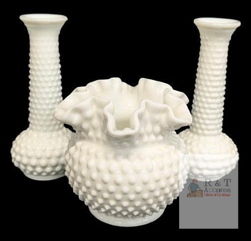 Pair of Vintage Signed E.O. Brody Co. USA White Milk Glass Hobnail Bud Vases 7.5" Tall & Unsigned Fenton Ruffled Crimped Rim Round Hobnail Vase 5.25" Tall, No chips or cracks.