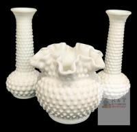 Pair of Vintage Signed E.O. Brody Co. USA White Milk Glass Hobnail Bud Vases 7.5" Tall & Unsigned Fenton Ruffled Crimped Rim Round Hobnail Vase 5.25" Tall, No chips or cracks.
