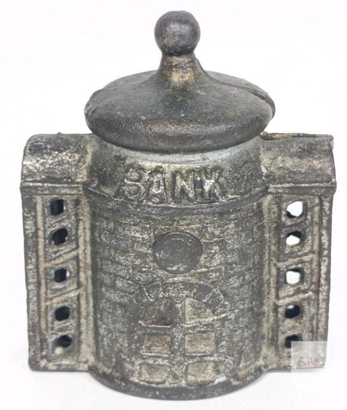 Antique 1890s Cast Iron Coin Penny Bank, 3.25" Tall