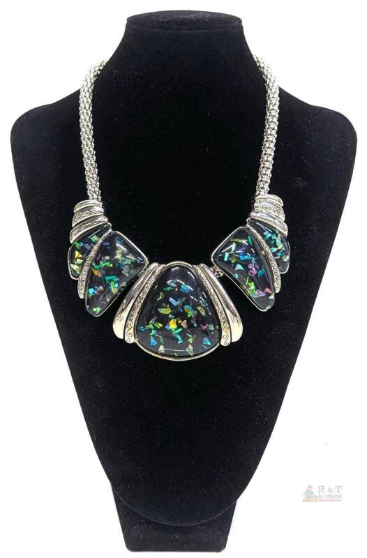 Large Chunky Abalone Shell Suspended in Acrylic Statement Necklace 19" Long