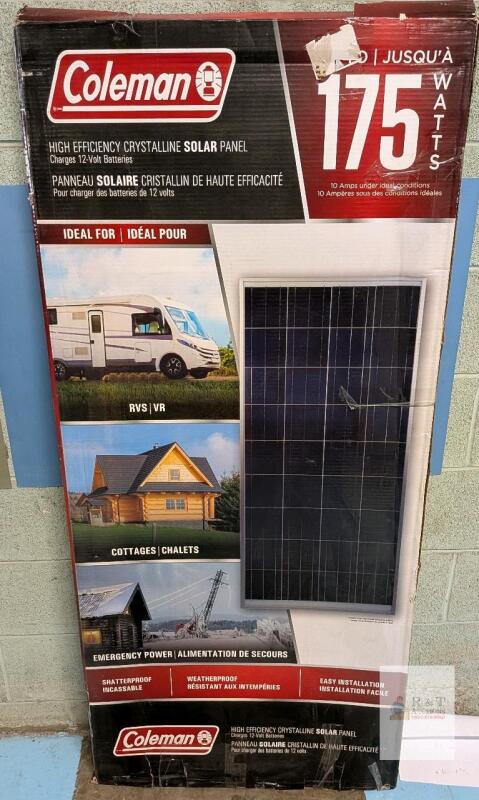 As New Coleman 175W Crystalline Off-Grid Solar Panel for 12V Batteries. Retails For $600.
