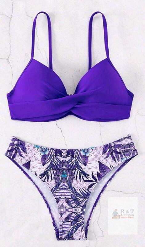 New Size LG Women's 2-Piece Supportive Underwire Tropical Plum Bikini Top & Bottom Swim Set
