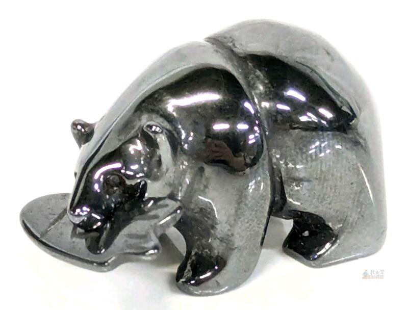 Adorable Tiny 0.75" Carved Hematite Grizzly Bear With Salmon Figure Talisman