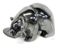 Adorable Tiny 0.75" Carved Hematite Grizzly Bear With Salmon Figure Talisman