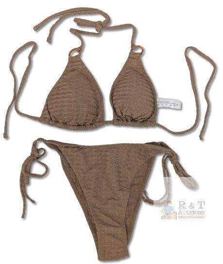 New Size MED Women's 2-Piece Woven Textured Acrylic Tortoiseshell Ring String Bikini Swim Set