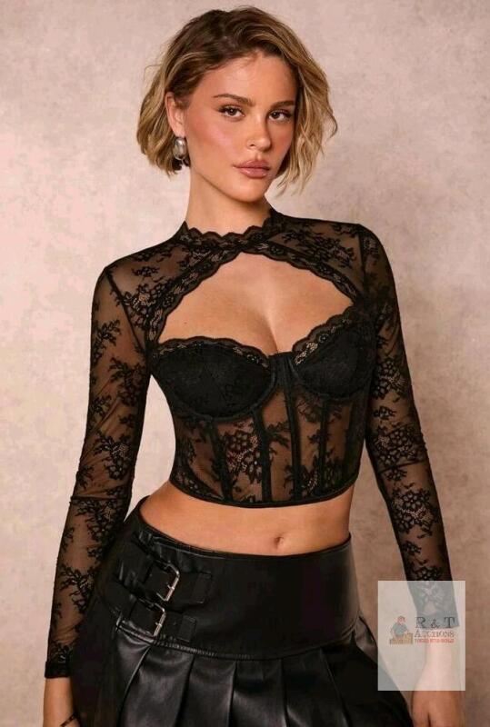 New Size SM Women's Hollow Out Design Long Sleeve Floral Lace Sheer Crop Shirt
