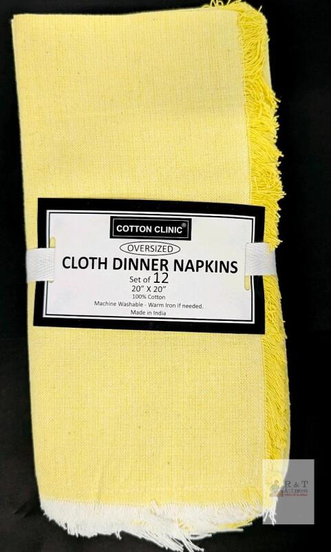 Cotton Clinic Oversized 20"x20" Yellow Fringe Cloth Dinner Napkins, 100% Cotton, Set of 12