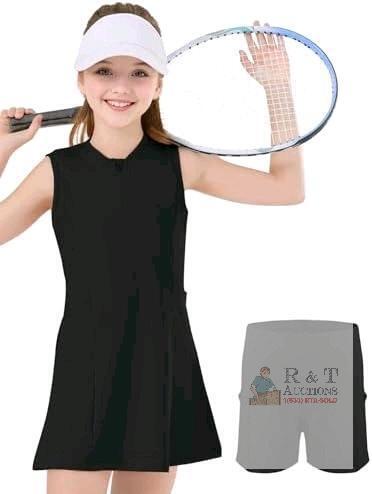 New Size 130 (7-8yrs) Girls' Spfas 2-Piece Tennis Dress Sleeveless Workout Athletic Dresses Kids Golf Outfit with Shorts Pockets, Quarter Zip Top