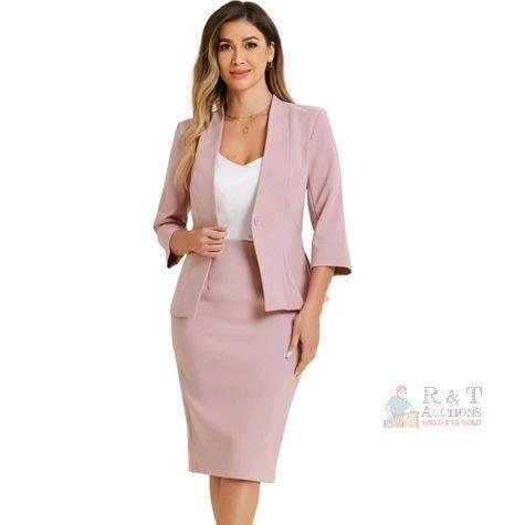 New Size XL Women's Allegra K Office Work Collarless Blazer and Pencil Skirt Business Suit Set 2 Pcs Pink