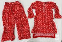 New lightweight Girls Red Floral 2-Piece Suit Set, Tunic 26.5" & Pants 24", Lace Trim, Age 6-8 approx