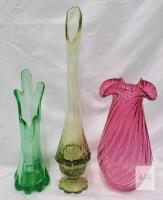 Set of Three Vintage Art Glass Vases (Green, Swung, Pink)
