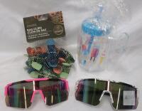 Mixed Lot: 2 Mirrored Sport Sunglasses, Thyme & Table 15 Bag Clips, 20 oz Popsicle Tumbler