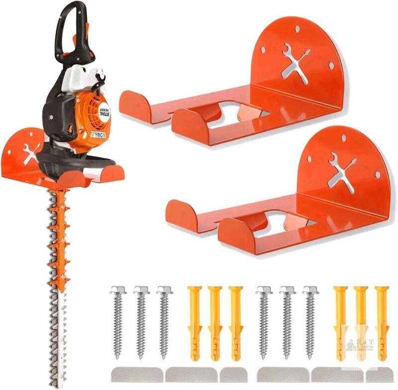 New Upgraded Trimmer Rack Wall Mount - 8" Heavy Duty Weed Eater Hanger for Garage Wall, Garden Power Tool Holder Organizer Hooks for Grass Trimmer, Hedge Trimmer, Leaf Blower and Chainsaw, Orange, 2 Pack