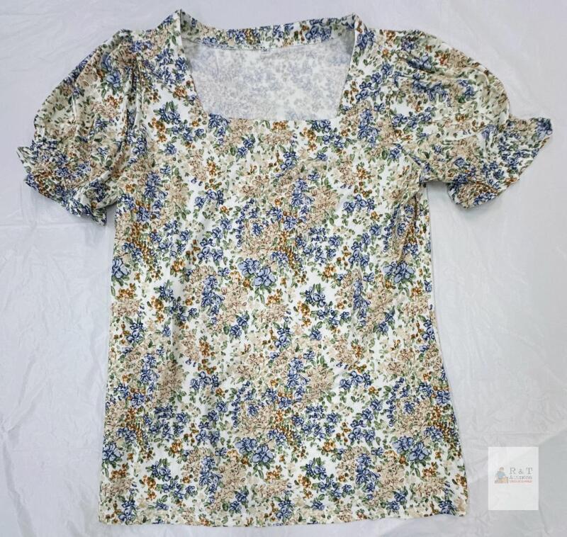 NEW Women's T-Shirt HJ25S400, Medium, White Yellow Floral Print, Puff Sleeves