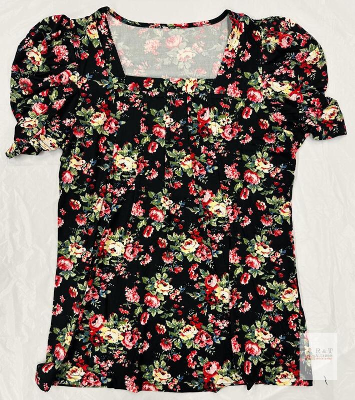 KISSMODA Women's Floral Puff Sleeve Square Neck Blouse, Medium, Black/Multicolor New