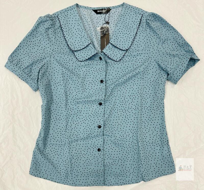 New Allegra K Women's Small Blue Polka Dot Short Sleeve Button-Up Blouse, Peter Pan Collar
