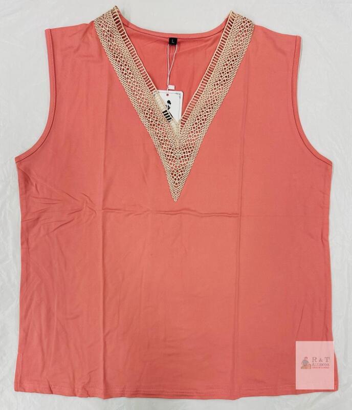 Coral Lace Trim V Neck Sleeveless Tank Top, Size Large, SKU X004AQYG3N, New with Tags