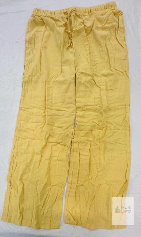 Women's Linen Pants Light Yellow Large, Elastic Waist, Drawstring, Wide Leg, New