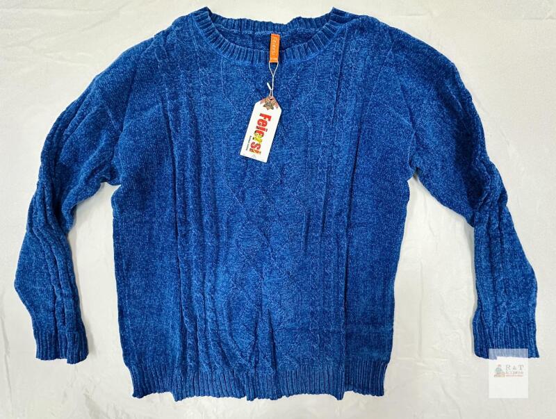 new Feiersi XX-Large Blue Cable Knit Chenille Pullover Sweater, Crew Neck, Long Sleeve