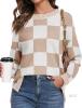 New Size 2XL Women's PrinStory Long Sleeve Checkered Sweater Loose Knitted Round Neck Side Split Pullover