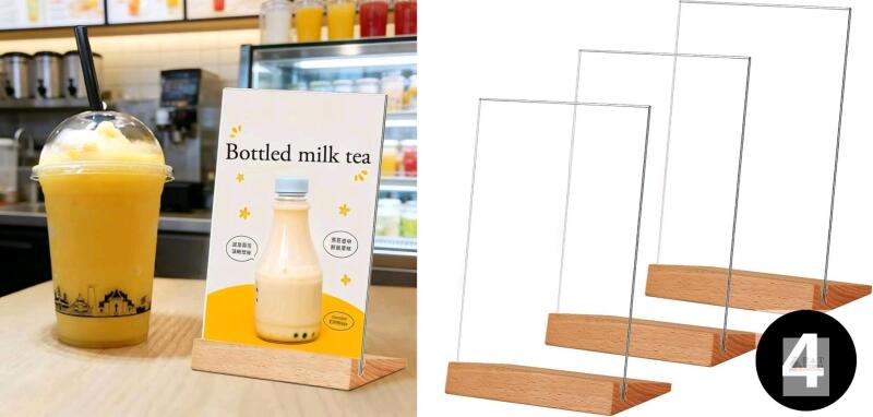 4 New A5 Vertical Clear Acrylic Sign Holders - 8 x 5 Inches Multipurpose L-Shape Table Stands Wooden Base Double Sided Menu Holder Display for Restaurants, Office (2 Boxes of 2 Each)