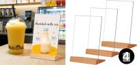 4 New A5 Vertical Clear Acrylic Sign Holders - 8 x 5 Inches Multipurpose L-Shape Table Stands Wooden Base Double Sided Menu Holder Display for Restaurants, Office (2 Boxes of 2 Each)