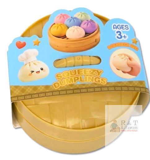 New Squeezy Dumplings Stress Toy, Mystery Colour Dumpling in Plastic Bamboo-Type Steamer Container